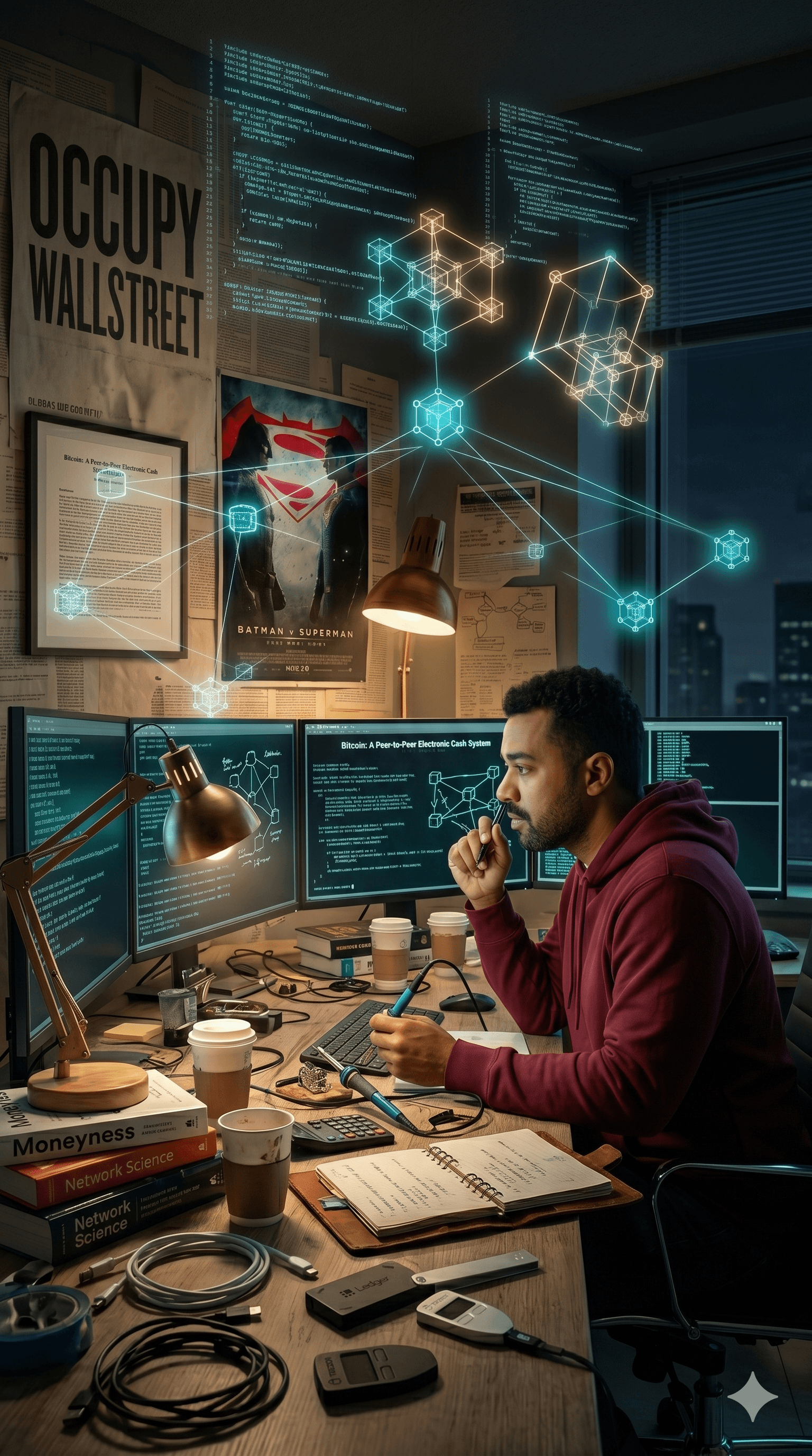 A dim hacker lab — multiple monitors, late nights, lines of code.
