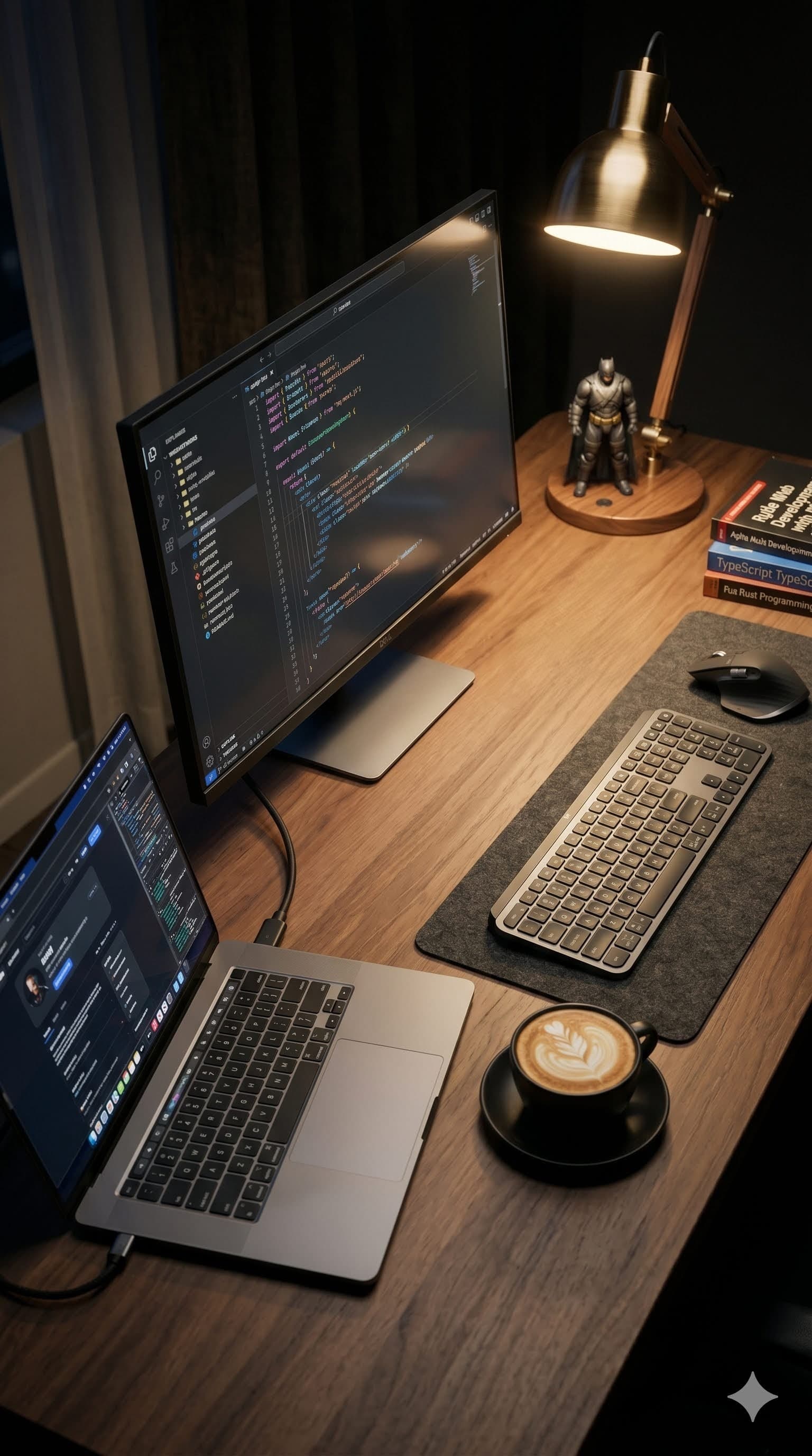 A dim hacker lab — multiple monitors, late nights, lines of code.